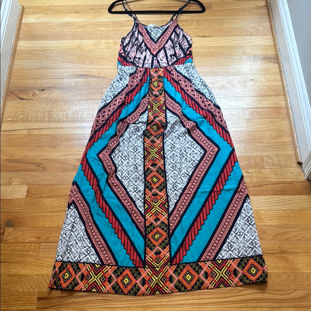 Women's Sweet Wanderer Blue and Orange Strap Maxi Sundress, size M
